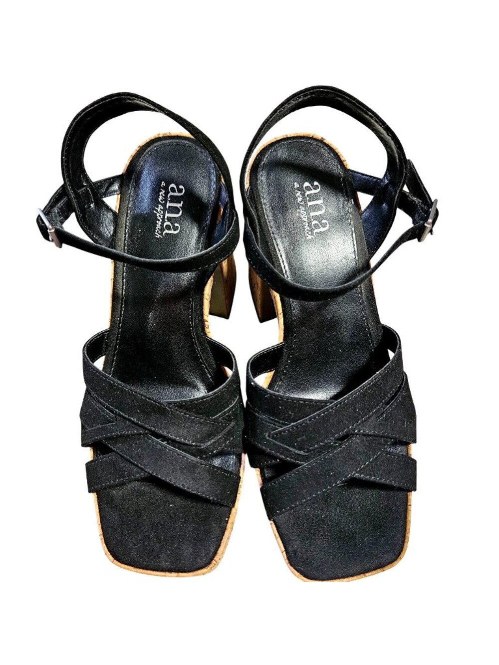 A.N.A Y2k black velvet cork ankle strap buckle cork block platform heels 6